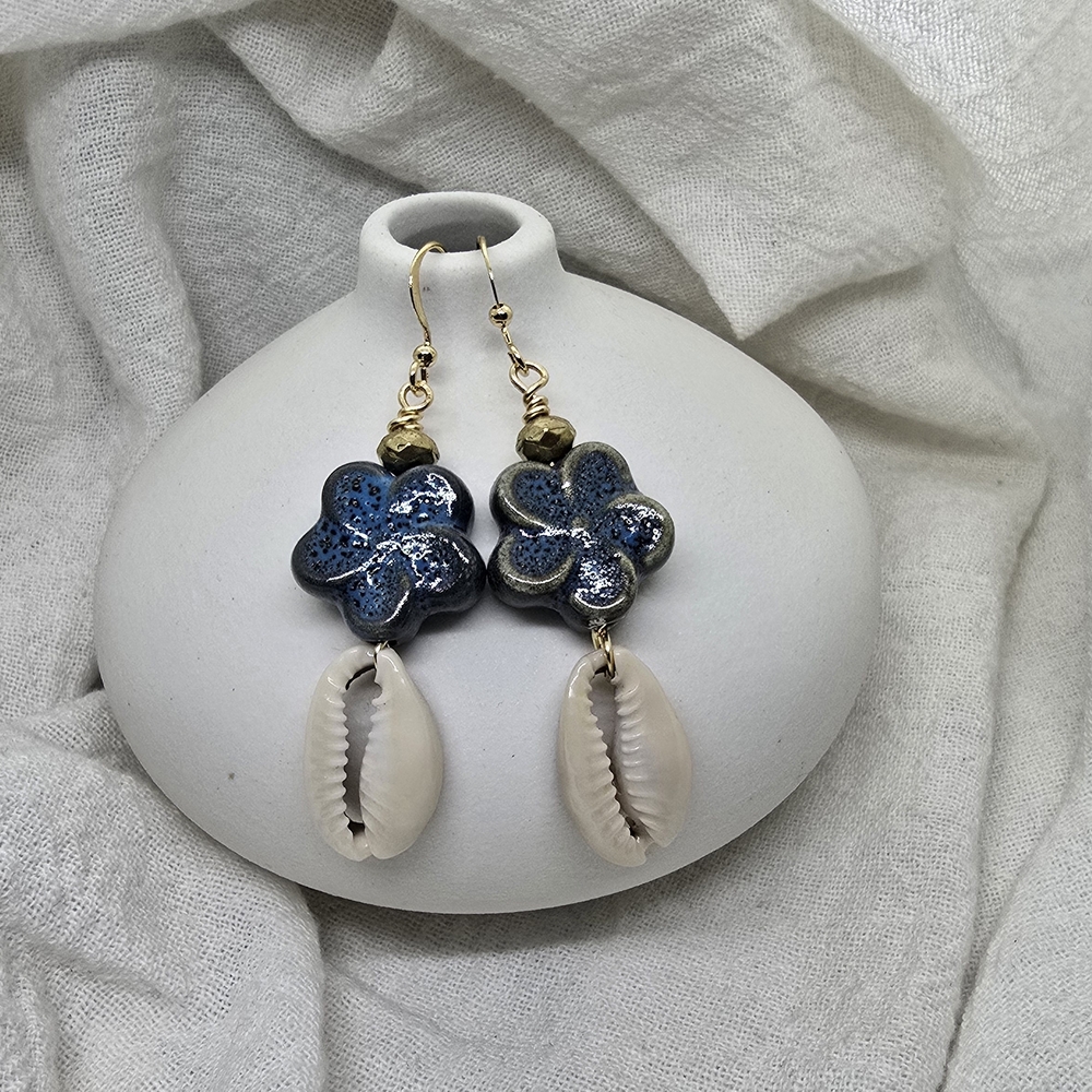 Handmade Blue Floral Ceramic and Shell Drop Earrings